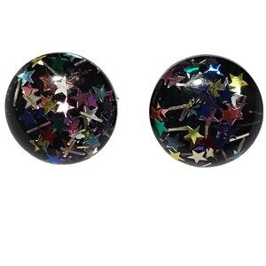 Vintage Black Colorful Stars Confetti Resin Clip On Earrings Retro Jewelry Women